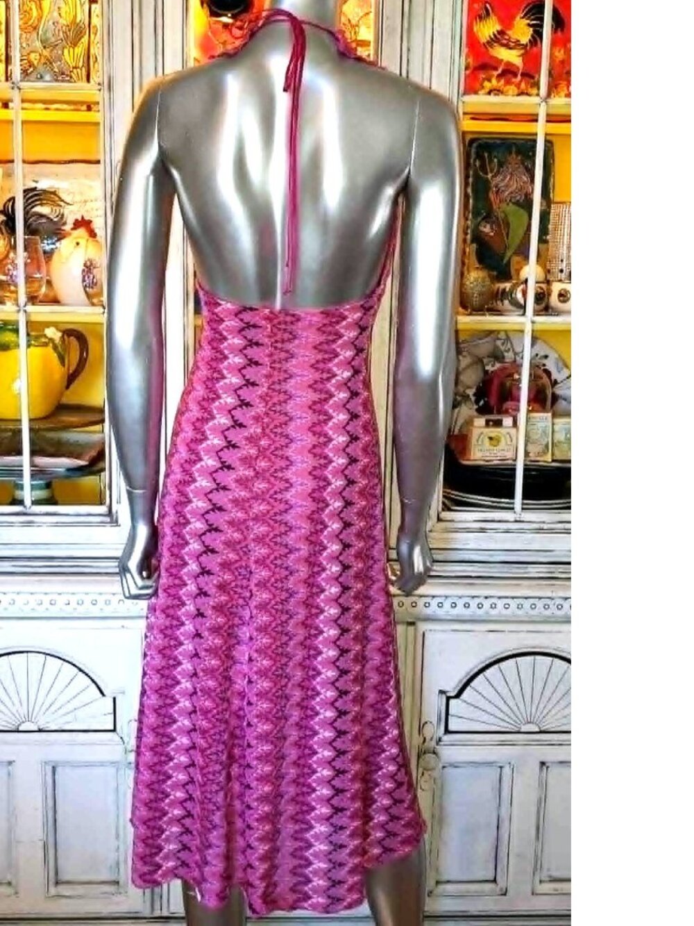 Betsey Johnson Vintage New York Y2K 90s Open Woven Knit Pink Midi Halter Dress S - Picture 6 of 16